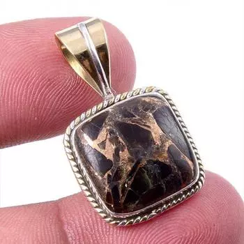 Natural Black Copper Turquoise 925 Solid Silver Gift TwoTone Pendant 1.25 Q3P65