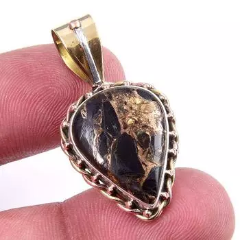 Natural Black Copper Turquoise 925 Solid Silver Gift TwoTone Pendant 1.25 b4Y94