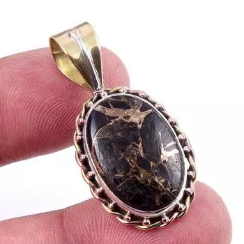 Natural Black Copper Turquoise 925 Solid Silver TwoTone Gift Pendant 1.5 i0d72