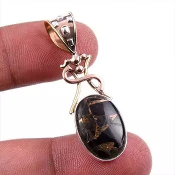 Natural Black Copper Turquoise 925 Solid Silver Gift TwoTone Pendant 1.75 k1D83