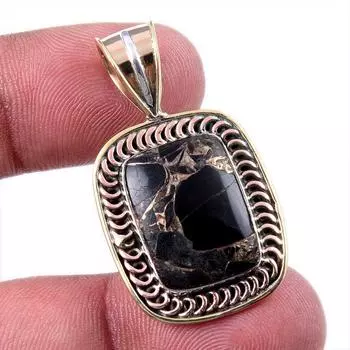 Natural Black Copper Turquoise 925 Solid Silver Gift TwoTone Pendant 1.50 m5F11