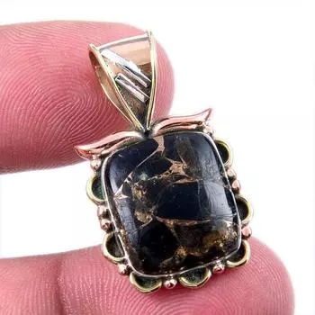 Natural Black Copper Turquoise 925 Solid Silver Gift TwoTone Pendant 1.25 r3q57