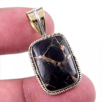 Natural Black Copper Turquoise 925 Solid Silver Gift TwoTone Pendant 1.25 e3K05