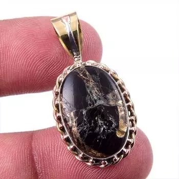 Natural Black Copper Turquoise 925 Solid Silver TwoTone Gift Pendant 1.5 r0q12