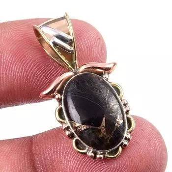Natural Black Copper Turquoise 925 Solid Silver Gift TwoTone Pendant 1.25 o0A49