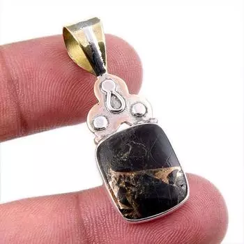 Natural Black Copper Turquoise 925 Solid Silver Gift TwoTone Pendant 1.75 u7O23