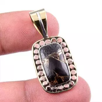 Natural Black Copper Turquoise 925 Solid Silver TwoTone Gift Pendant 1.5 h3Q11