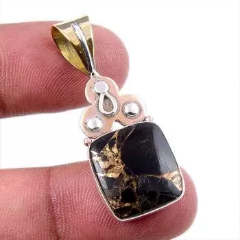 Natural Black Copper Turquoise 925 Solid Silver Gift TwoTone Pendant 1.75 o3V06