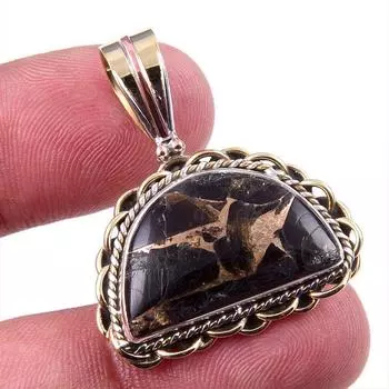 Natural Black Copper Turquoise 925 Solid Silver Gift TwoTone Pendant 1.25 Z6P15