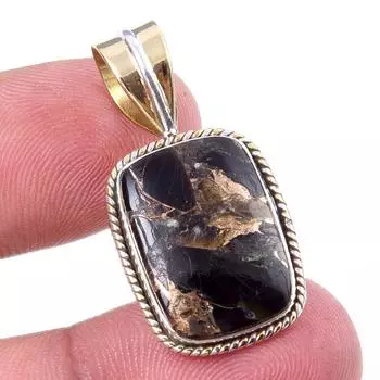 Natural Black Copper Turquoise 925 Solid Silver Gift TwoTone Pendant 1.25 J7G10