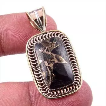 Natural Black Copper Turquoise 925 Solid Silver Gift TwoTone Pendant 1.50 F0N84