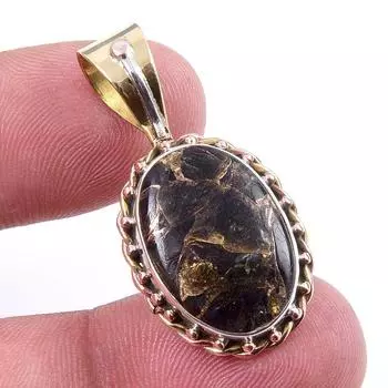 Natural Black Copper Turquoise 925 Solid Silver Gift TwoTone Pendant 1.25 P0D54
