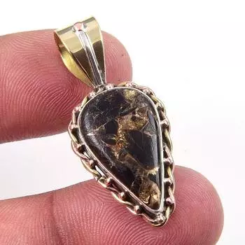 Natural Black Copper Turquoise 925 Solid Silver Gift TwoTone Pendant 1.25 K8j42