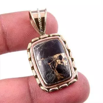 Natural Black Copper Turquoise 925 Solid Silver TwoTone Gift Pendant 1.5 f9S47