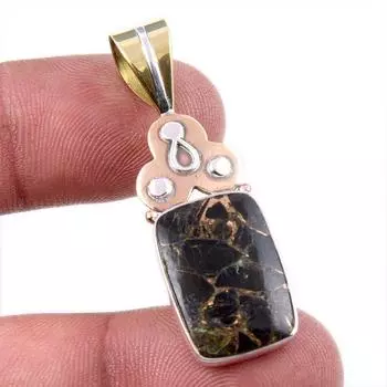 Natural Black Copper Turquoise 925 Solid Silver Gift TwoTone Pendant 1.75 H4w08
