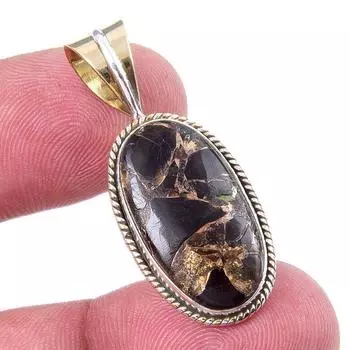 Natural Black Copper Turquoise 925 Solid Silver TwoTone Gift Pendant 1.5 L4f15