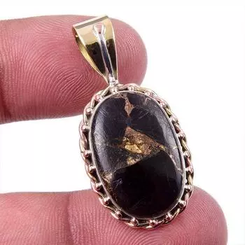 Natural Black Copper Turquoise 925 Solid Silver Gift TwoTone Pendant 1.25 q1E90
