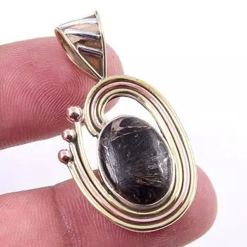 Natural Black Copper Turquoise 925 Solid Silver TwoTone Gift Pendant 1.5 c6w88