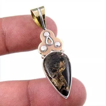 Natural Black Copper Turquoise 925 Solid Silver Gift TwoTone Pendant 1.75 M6W24
