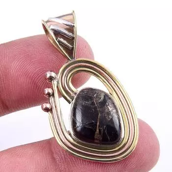 Natural Black Copper Turquoise 925 Solid Silver TwoTone Gift Pendant 1.5 v2E75