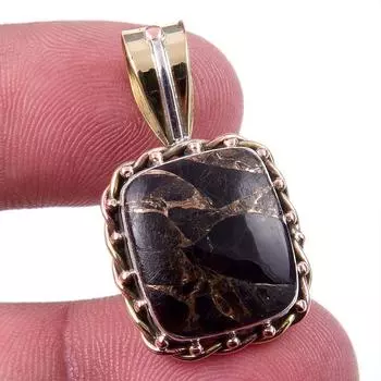 Natural Black Copper Turquoise 925 Solid Silver TwoTone Gift Pendant 1.5 I8Y32