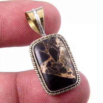 Natural Black Copper Turquoise 925 Solid Silver Gift TwoTone Pendant 1.25 l9i71