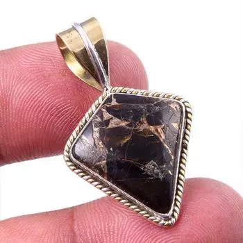 Natural Black Copper Turquoise 925 Solid Silver Gift TwoTone Pendant 1.25 l3u84