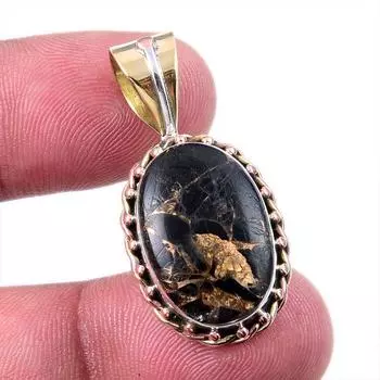 Natural Black Copper Turquoise 925 Solid Silver TwoTone Gift Pendant 1.5 l0Z16