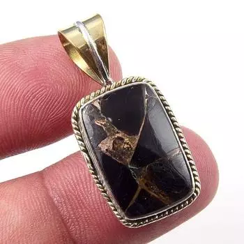 Natural Black Copper Turquoise 925 Solid Silver Gift TwoTone Pendant 1.25 W1y44