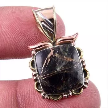Natural Black Copper Turquoise 925 Solid Silver Gift TwoTone Pendant 1.25 Z0d34