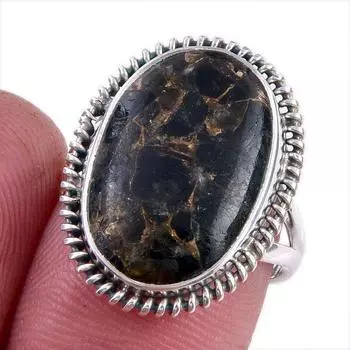 Natural Black Copper Turquoise 925 Solid Sterling Silver Jewelry Ring S.6.5 H1Y41