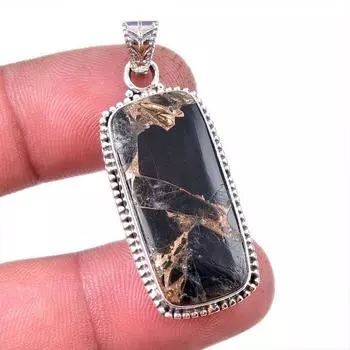 Natural Black Copper Turquoise 925 Solid Sterling Silver Gift Pendant 1.75 h4B16
