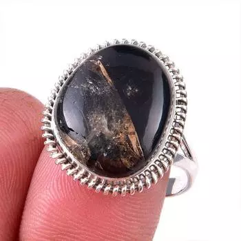 Natural Black Copper Turquoise 925 Solid Sterling Silver Jewelry Ring S.8.5 W7M37