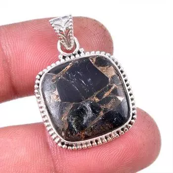 Natural Black Copper Turquoise 925 Solid Sterling Silver Gift Pendant 1.25 H5C82