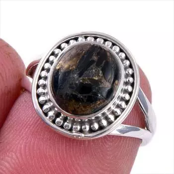 Natural Black Copper Turquoise 925 Solid Sterling Silver Jewelry Ring S.5.5 R7h62