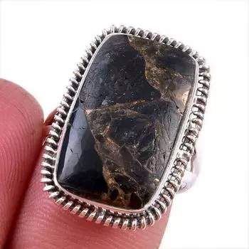Natural Black Copper Turquoise 925 Solid Sterling Silver Jewelry Ring S.6.5 V4E92