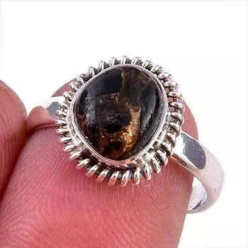 Natural Black Copper Turquoise 925 Solid Sterling Silver Jewelry Ring S.7.5 A5e67