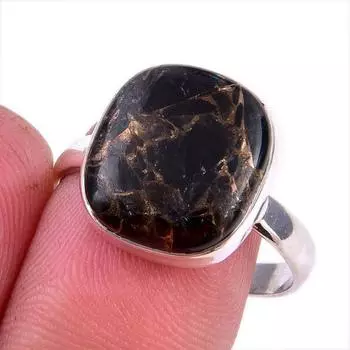 Natural Black Copper Turquoise 925 Solid Sterling Silver Jewelry Ring S.9.5 h4v77