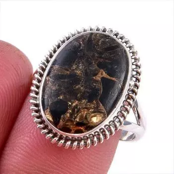 Natural Black Copper Turquoise 925 Solid Sterling Silver Jewelry Ring S.8.5 K3g03