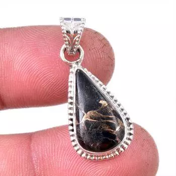 Natural Black Copper Turquoise 925 Solid Sterling Silver Gift Pendant 1.25 V9w09