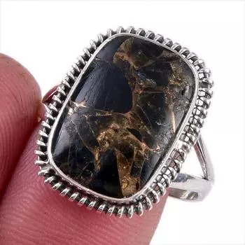 Natural Black Copper Turquoise 925 Solid Sterling Silver Jewelry Ring S.9.5 f7U20