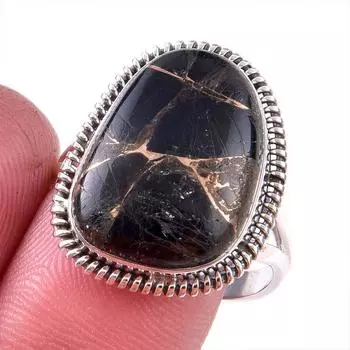 Natural Black Copper Turquoise 925 Solid Sterling Silver Jewelry Ring S.9.5 N5M70