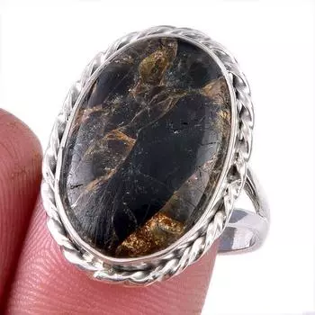 Natural Black Copper Turquoise 925 Solid Sterling Silver Jewelry Ring S.9.5 o7Y92