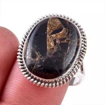 Natural Black Copper Turquoise 925 Solid Sterling Silver Jewelry Ring S.8.5 i1n99