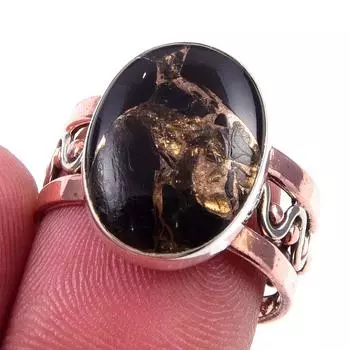 Natural Black Copper Turquoise 925 Sterling Silver Jewelry TwoTone Ring S.7 A6M15