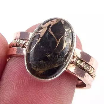 Natural Black Copper Turquoise 925 Sterling Silver Jewelry TwoTone Ring S.8 h2R76