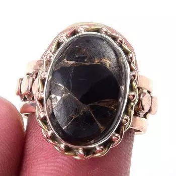 Natural Black Copper Turquoise 925 Sterling Silver Jewelry TwoTone Ring S.7 k8j55