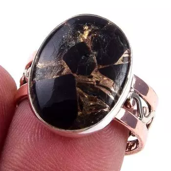 Natural Black Copper Turquoise 925 Sterling Silver Jewelry TwoTone Ring S.8 u2v77