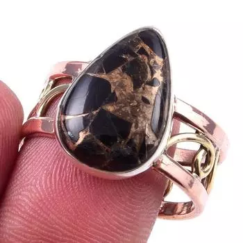 Natural Black Copper Turquoise 925 Sterling Silver Two Tone Ring Size 10.5 o3j47