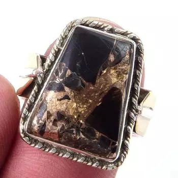Natural Black Copper Turquoise 925 Sterling Silver Jewelry TwoTone Ring S.7 s5y52